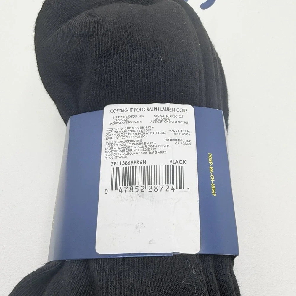Polo Ralph Lauren Mens 6 Pack Classic Sport Cushioned Crew Socks Black 10-13